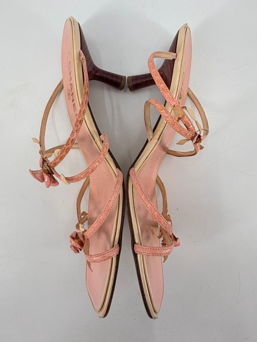 Vintage Y2K Chanel 2001 Rare Strappy Pink Dainty Rosebud Rose Sandals 38.5 FLAWS - Picture 7 of 10